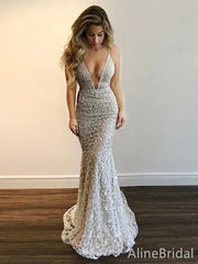 Vintage Ivory Lace Deep V-neck Spaghetti Strap Mermaid Prom Dress, Evening Dress, PD37899