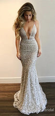 Vintage Ivory Lace Deep V-neck Spaghetti Strap Mermaid Prom Dress, Evening Dress, PD37899
