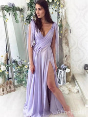 Elegant V-neck Purple A-line Long Prom Dress with Split,PD37902