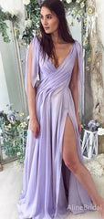 Elegant V-neck Purple A-line Long Prom Dress with Split,PD37902