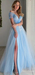 Elegant Blue Tulle Off the Shoulder A-line Long Prom Dress with Slit, PD37904
