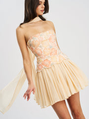 Quanisha Yellow Beaded Floral Mini Chiffon Dress with Scarf