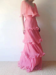 Elegant Pink Off the Shoulder Ruffled Tiered A-line Prom Dress, Evening Dress, PD3669