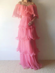 Elegant Pink Off the Shoulder Ruffled Tiered A-line Prom Dress, Evening Dress, PD3669