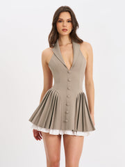 Hazel Brown Preppy Halter Neck Pleated Mini Dress