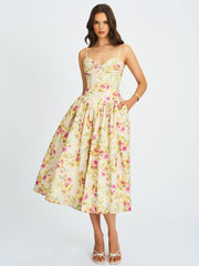 Jacinda Yellow Floral Print Linen Midi Dress