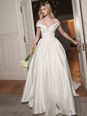 Unna White Satin Bardot Cowl Wedding Gown