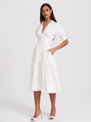 Palina White Lyocell Pleated Midi Preppy Shirt Dress