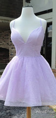 Simple V-neck Lace Spaghetti Strap A-line Short Mini Homecoming Dress, HD32698