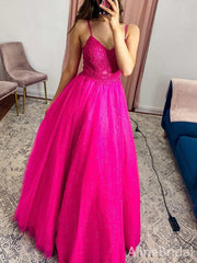 Elegant Pink Spaghetti Strap A-line Long Prom Dress with Lace Applique, PD37905