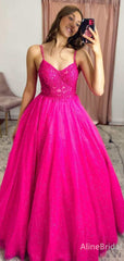 Elegant Pink Spaghetti Strap A-line Long Prom Dress with Lace Applique, PD37905