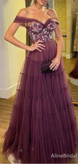 Elegant Floral Purple Off-Shoulder A-line Long Layered Tulle Evening Dress, PD37907