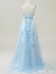 Pastel Blue One Shoulder Lace Appliques A-line Tulle Gow, Evening Dress, PD37912