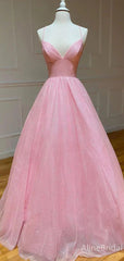Elegant Pink Tulle V-neck A-line Long Prom Dress, PD37921