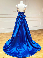 Elegant Royal Blue V-Neck Low Back A-Line Prom Dress, Evening Gown, PD37922