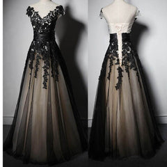 Unique Black Lace Appliques A-line Tulle Prom Dress, Evening Dress, PD00260