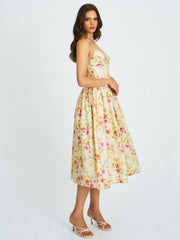 Jacinda Yellow Floral Print Linen Midi Dress