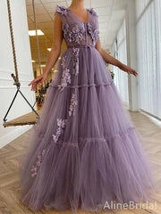 Romantic Lilac Tulle Tiered Prom Dress-Lace Applique V-Neck Sleeveless Evening Gown,PD37929