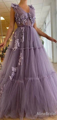 Romantic Lilac Tulle Tiered Prom Dress-Lace Applique V-Neck Sleeveless Evening Gown,PD37929
