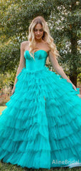 Elegant Teal Blue A-line Strapless Long Tiered Tulle Prom Dress, Evening Dress, PD37952
