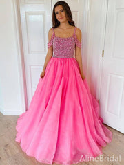 Sparkly Pink Beaded Cold Shoulder A-line Prom Gown, Evening Dress, PD37956