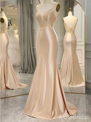 Elegant Light Champagne V-neck Spaghetti Strap Mermaid Long Prom Dress, Evening Dress, PD37958