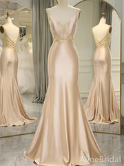 Elegant Light Champagne V-neck Spaghetti Strap Mermaid Long Prom Dress, Evening Dress, PD37958