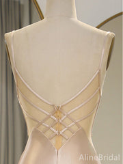 Elegant Light Champagne V-neck Spaghetti Strap Mermaid Long Prom Dress, Evening Dress, PD37958