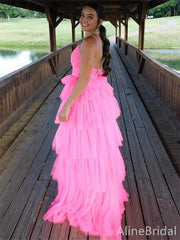 Stunning Pink Spaghetti Strap Ruffles Tulle Prom Dress-A-line Evening Dress, PD37959