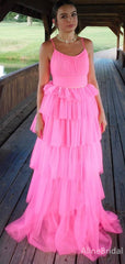 Stunning Pink Spaghetti Strap Ruffles Tulle Prom Dress-A-line Evening Dress, PD37959
