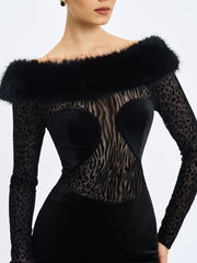 Alexis Black Velvet Animal Print Fur Boatneck Maxi Dress