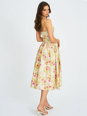 Jacinda Yellow Floral Print Linen Midi Dress