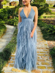 Dusty Blue Backless A-line Halter Ruffled Tiered Tulle Prom Dress, Evening Dress, PD37973