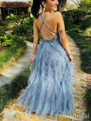 Dusty Blue Backless A-line Halter Ruffled Tiered Tulle Prom Dress, Evening Dress, PD37973