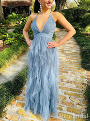Dusty Blue Backless A-line Halter Ruffled Tiered Tulle Prom Dress, Evening Dress, PD37973