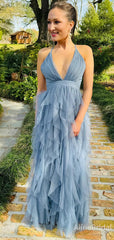 Dusty Blue Backless A-line Halter Ruffled Tiered Tulle Prom Dress, Evening Dress, PD37973