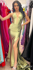 Sexy Gold Deep V-neck Backless Mermaid Long Prom Dress with Slit, Evening Dress, PD37979