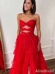 Unique Red Strapless A-line Long Prom Dress with Slit -Ruffles Tulle Evening Dress with Bow, PD37981