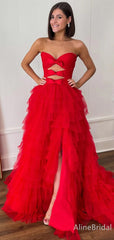 Unique Red Strapless A-line Long Prom Dress with Slit -Ruffles Tulle Evening Dress with Bow, PD37981