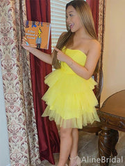 Gorgeous Strapless A-line Yellow Tulle Short Homecoming Dress, Mini Prom Dress, HD32787