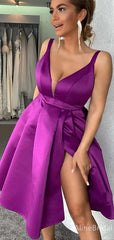 Sexy V-neck Purple A-line Short Homecoming Dress with Slit, HD32784