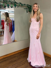 Gorgeous Lace Applique Pink V-neck Mermaid Long Prom Dress, Evening Dress, PD38013