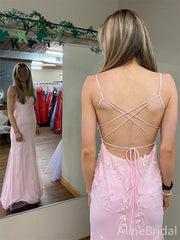Gorgeous Lace Applique Pink V-neck Mermaid Long Prom Dress, Evening Dress, PD38013