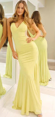 Sexy Yellow V-neck Backless Mermaid Long Prom Dress, Evening Dress, PD38010