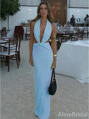 Sexy Blue V-neck Halter Backless Mermaid Long Prom Dress, Evening Dress, PD38008
