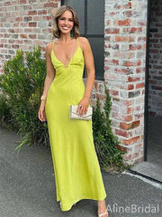Sexy Lemon Green V-neck Spaghetti Strap Mermaid Long Prom Dress, PD38005