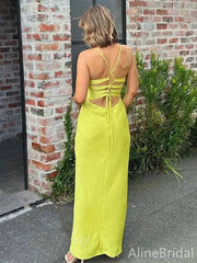 Sexy Lemon Green V-neck Spaghetti Strap Mermaid Long Prom Dress, PD38005
