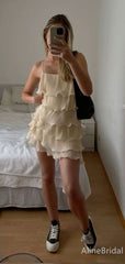 Elegant Off-White Spaghetti Strap Ruffles Chiffon Short Homecoming Dress, HD32782