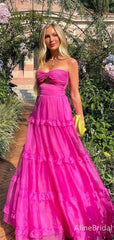 Sexy Hot Pink Strapless Ruffles A-line Long Prom Dress, PD38000