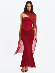 Giselle Crimson Peplum Mermaid Gown with Chiffon Scarf
